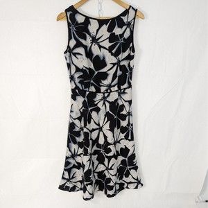 Adrianna Papell 10 Linen Blend Black White Blue Floral Sleeveless Midi Dress